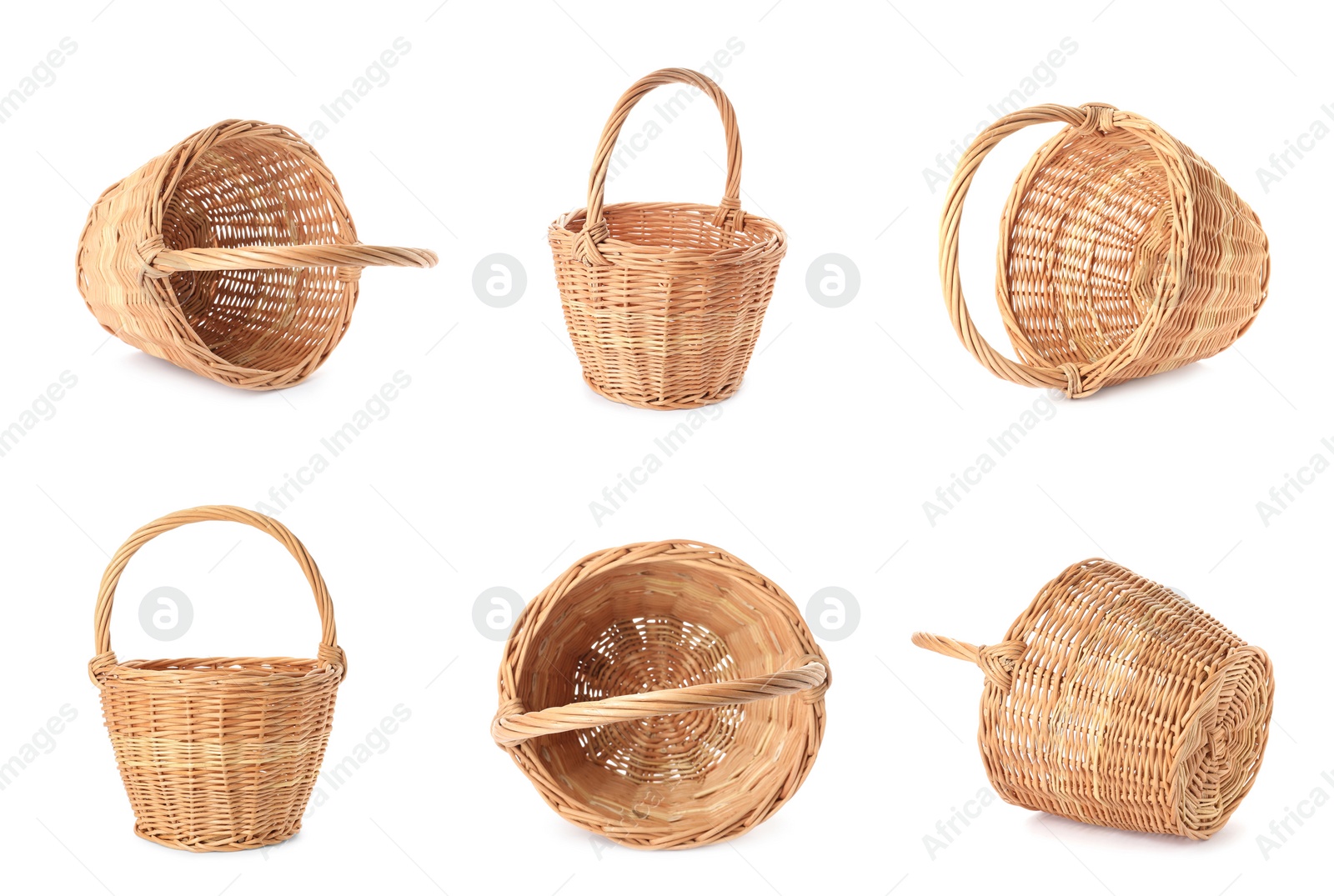 Image of Set with wicker baskets on white background