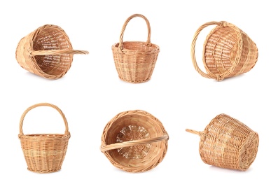 Set with wicker baskets on white background