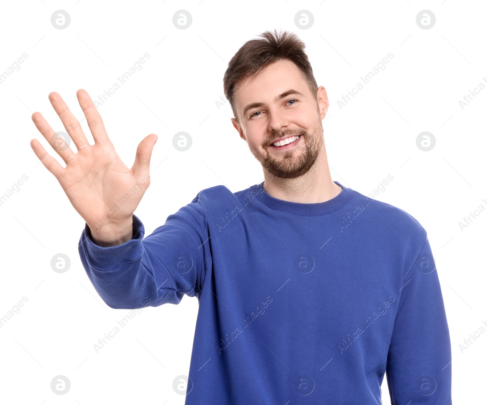 Photo of Man giving high five on white background