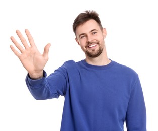 Man giving high five on white background