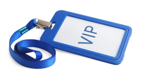 Blue plastic VIP badge isolated on white