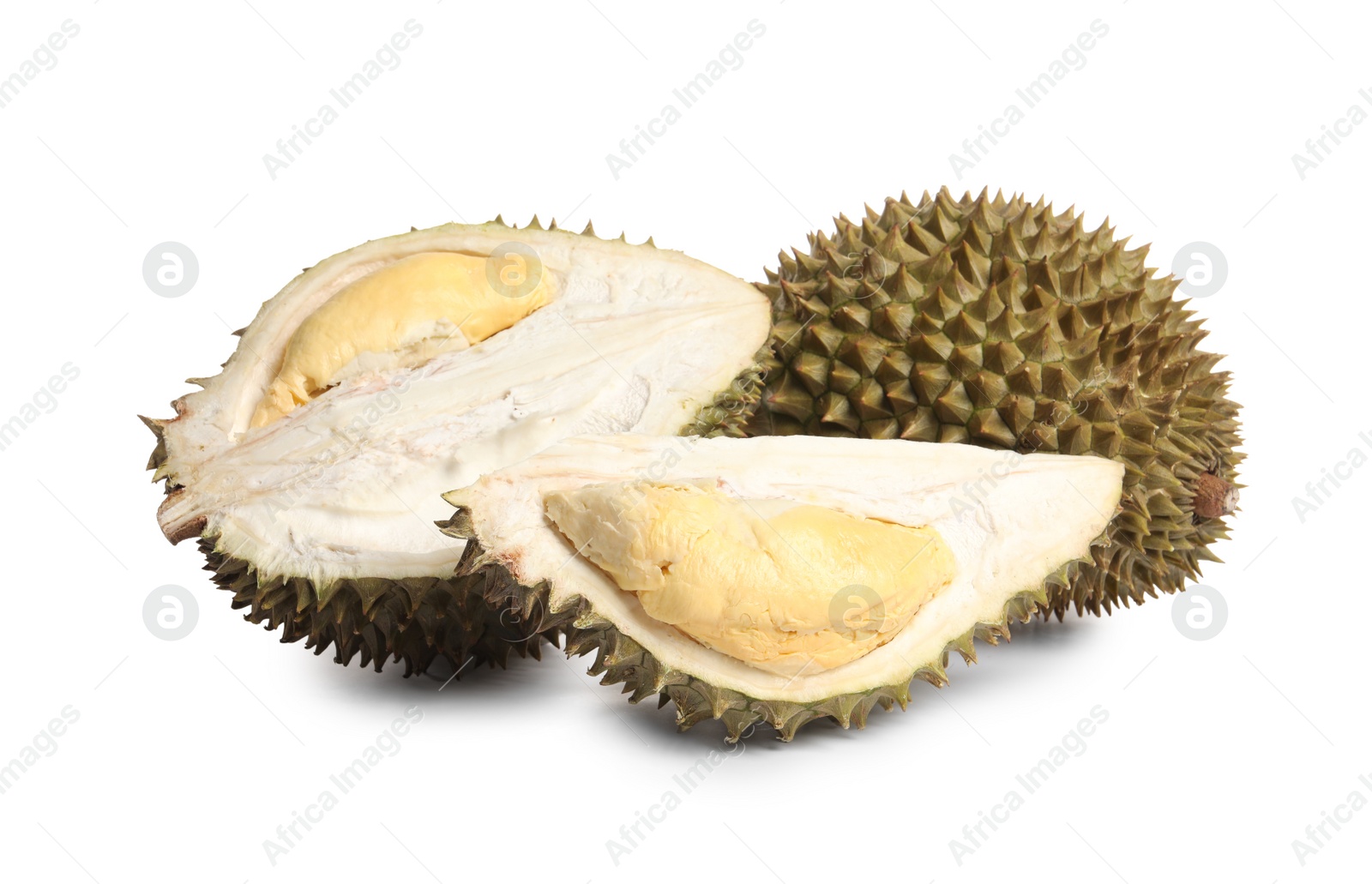 Photo of Cut and whole ripe durians on white background