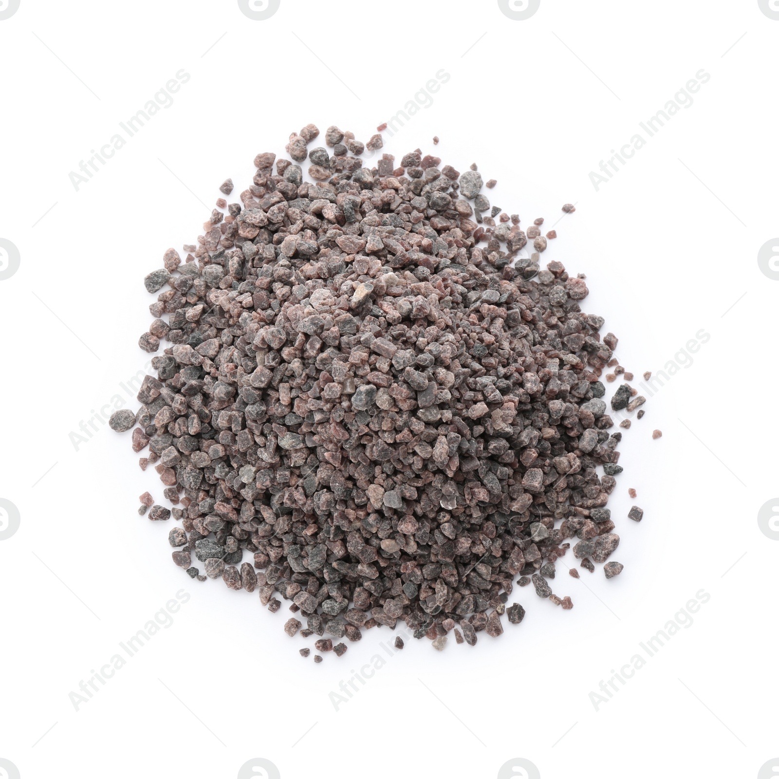 Photo of Pile of Himalayan black salt isolated on white, top view