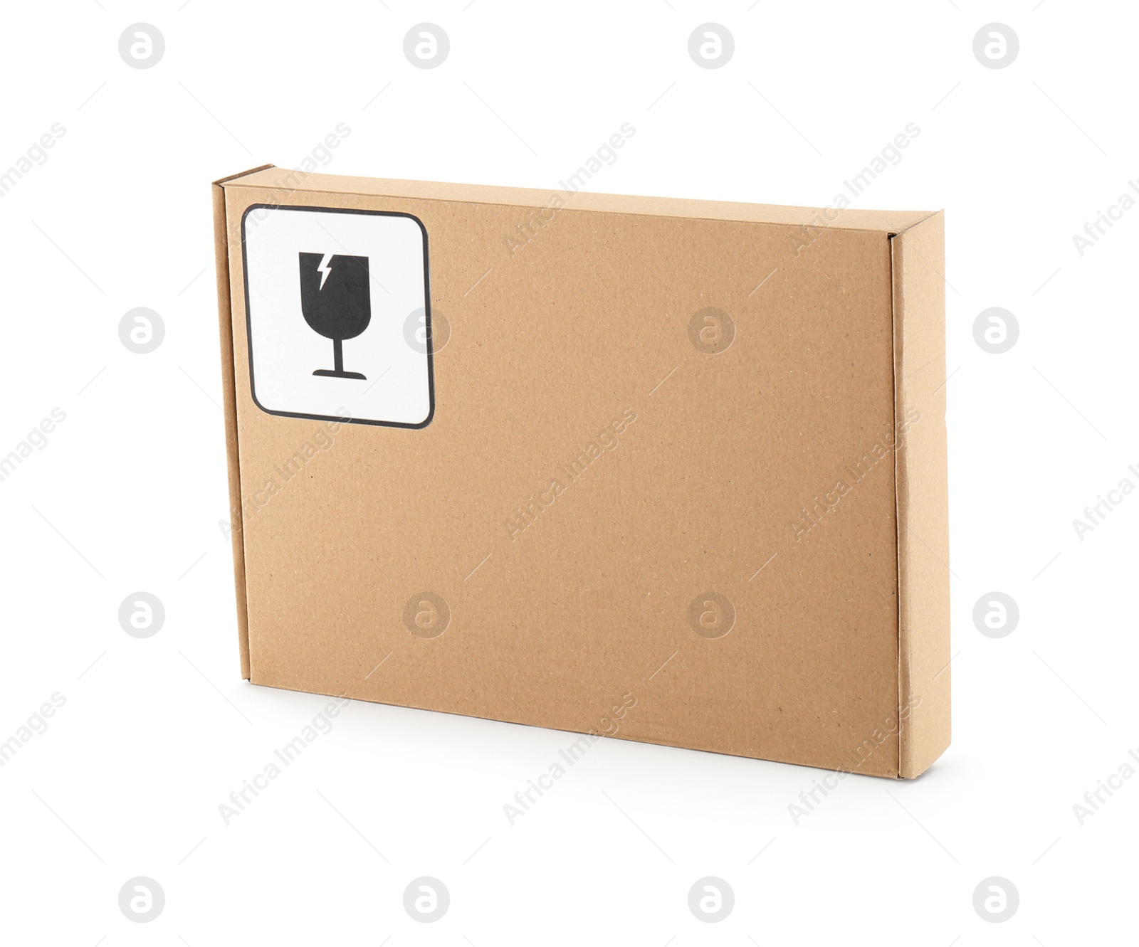 Photo of Cardboard box with packaging symbol isolated on white. Parcel delivery