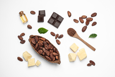 Photo of Composition with organic cocoa butter on white background, top view