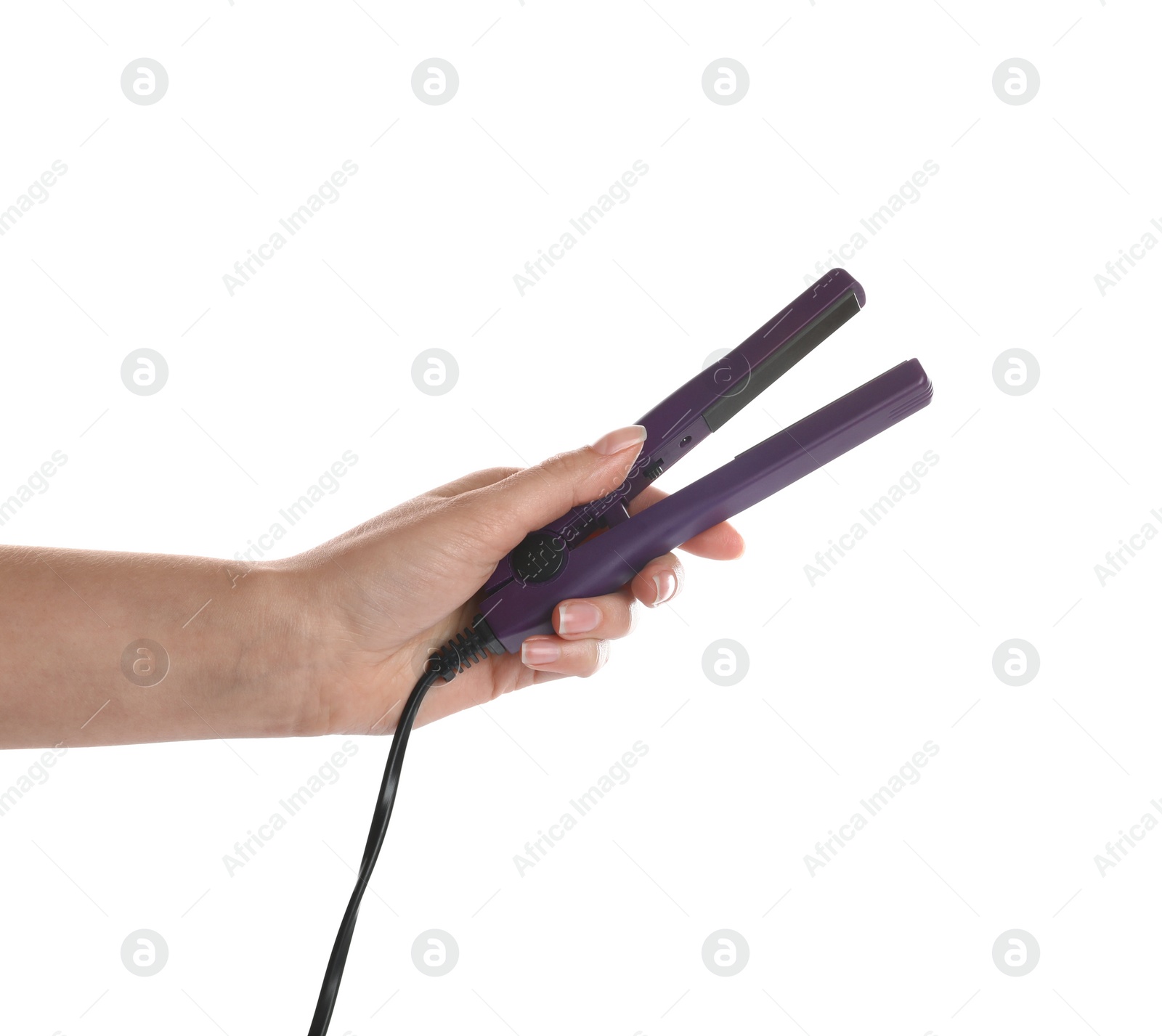 Photo of Woman holding modern hair iron on white background, closeup