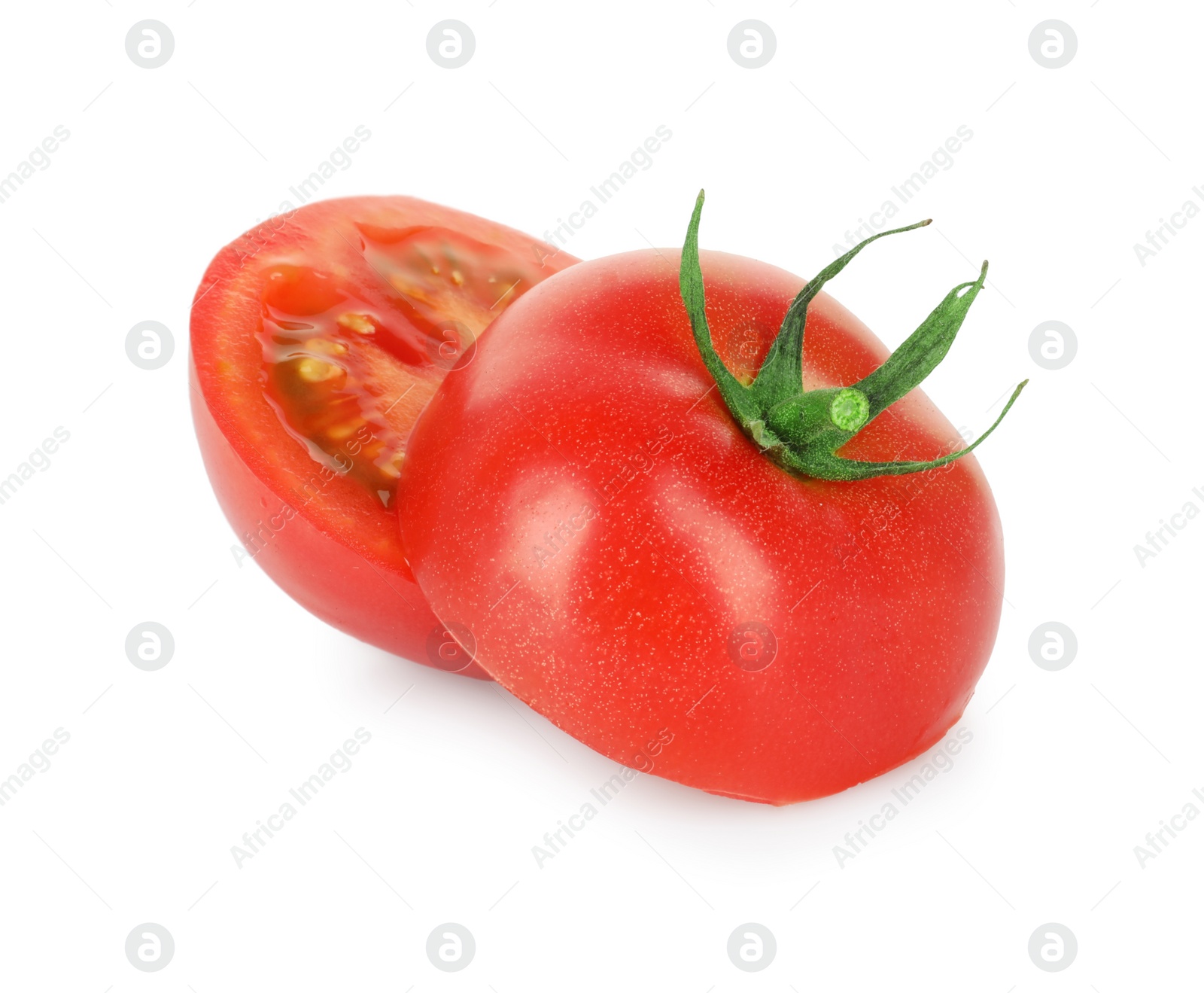 Photo of Halves of ripe cherry tomato isolated on white