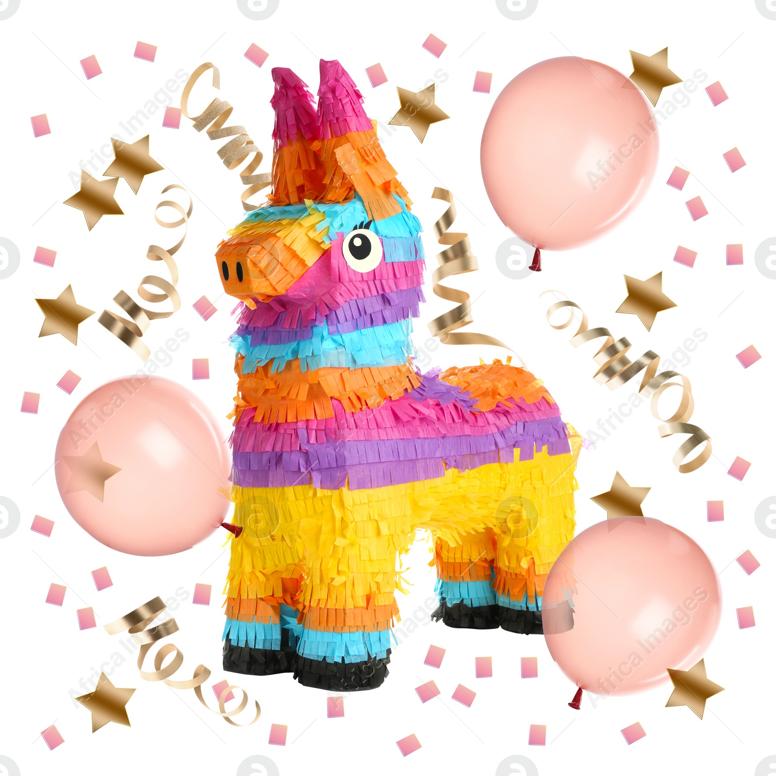 Image of Bright funny pinata and party decor on white background