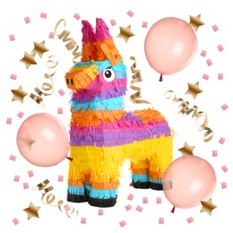 Bright funny pinata and party decor on white background