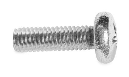 Photo of One metal bolt on white background, top view