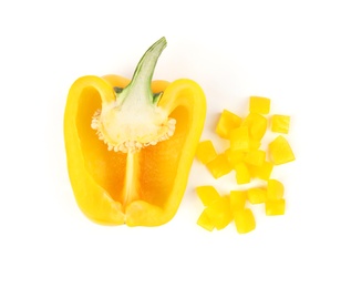 Cut yellow bell pepper isolated on white, top view