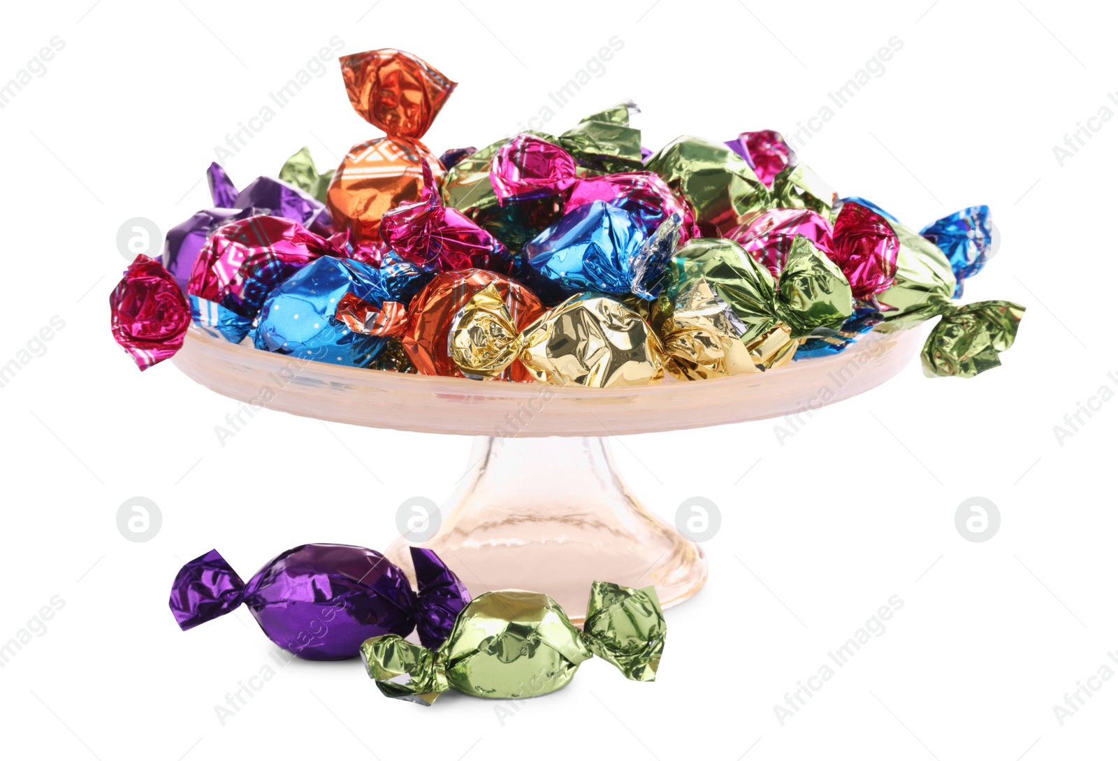 Photo of Stand with candies in colorful wrappers isolated on white