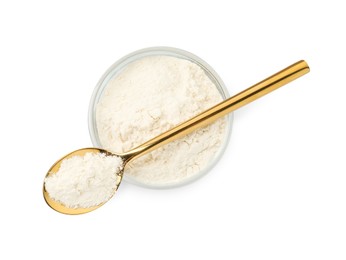 Photo of Baking powder in bowl and spoon isolated on white, top view