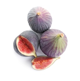 Photo of Whole and cut purple figs on white background, top view