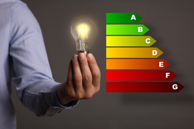 Energy efficiency rating and man holding glowing light bulb on color background, closeup