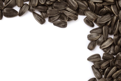 Raw sunflower seeds on white background, top view