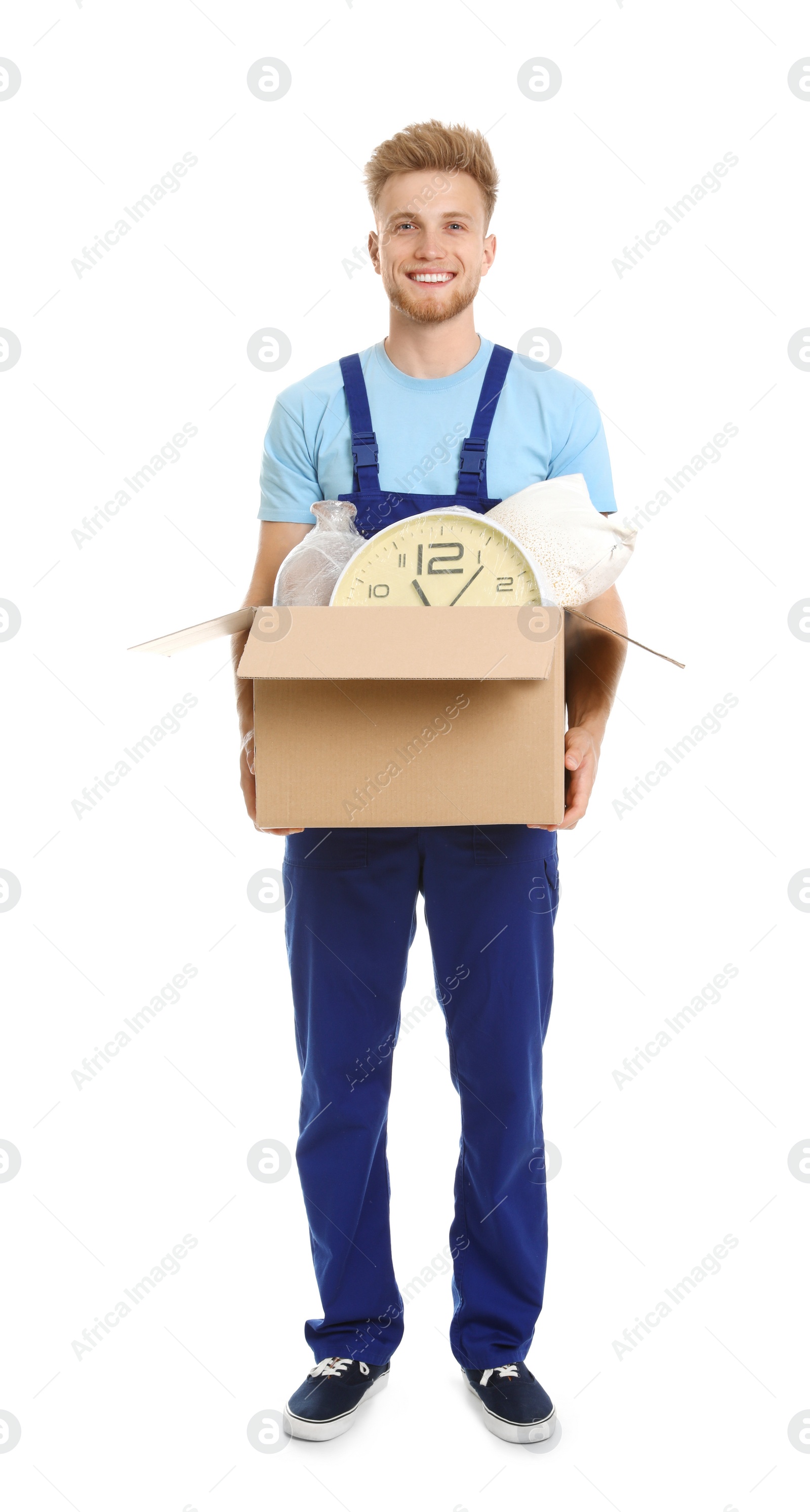 Photo of Portrait of moving service employee with cardboard box of belongings on white background