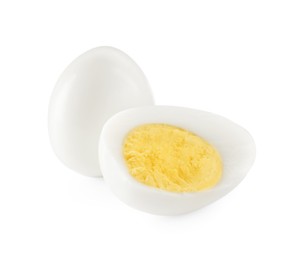 Photo of Peeled hard boiled quail eggs on white background