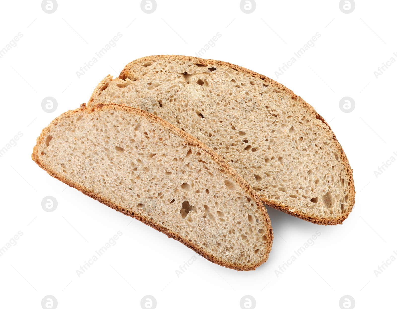 Photo of Slices of freshly baked sourdough bread isolated on white, top view