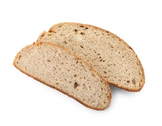 Photo of Slices of freshly baked sourdough bread isolated on white, top view