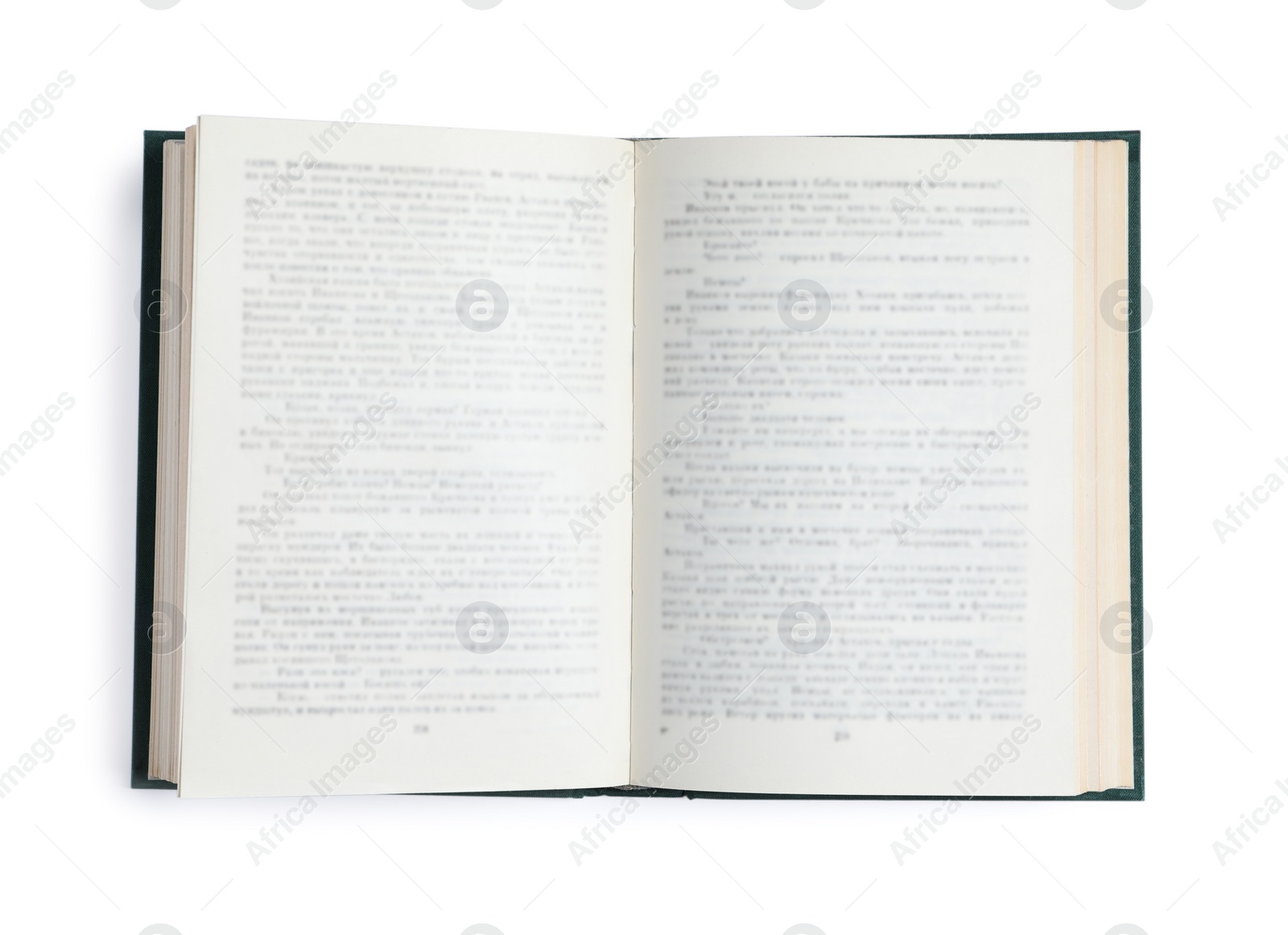 Photo of Old open hardcover book isolated on white, top view