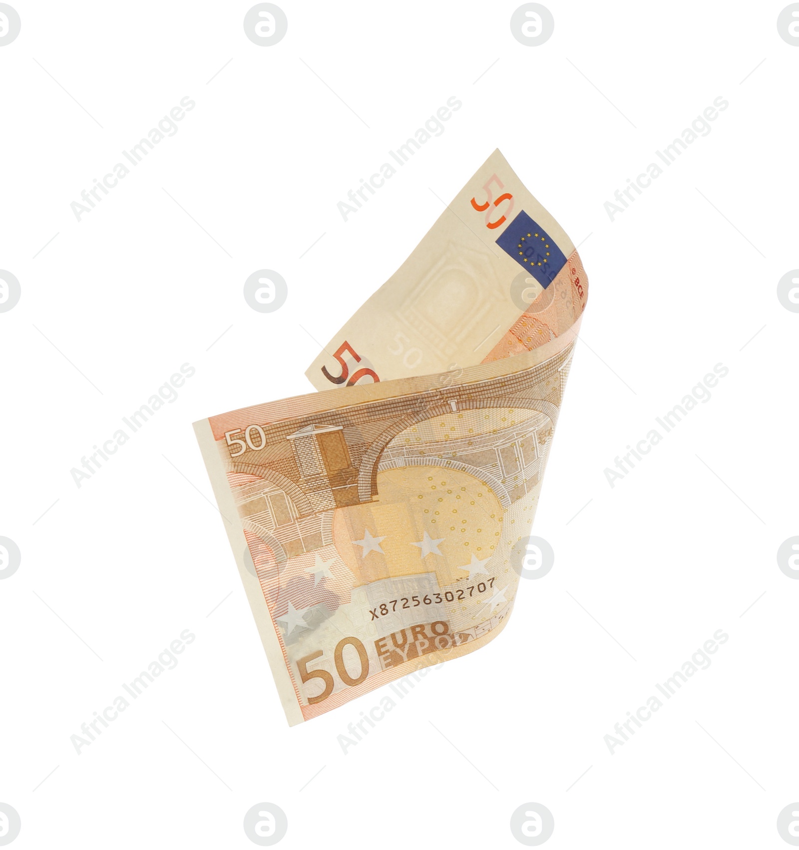 Photo of Euro banknote isolated on white. Flying money