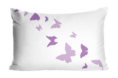 Image of Soft pillow with printed butterflies isolated on white