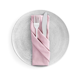 Photo of Stylish elegant cutlery with napkin in plate isolated on white, top view