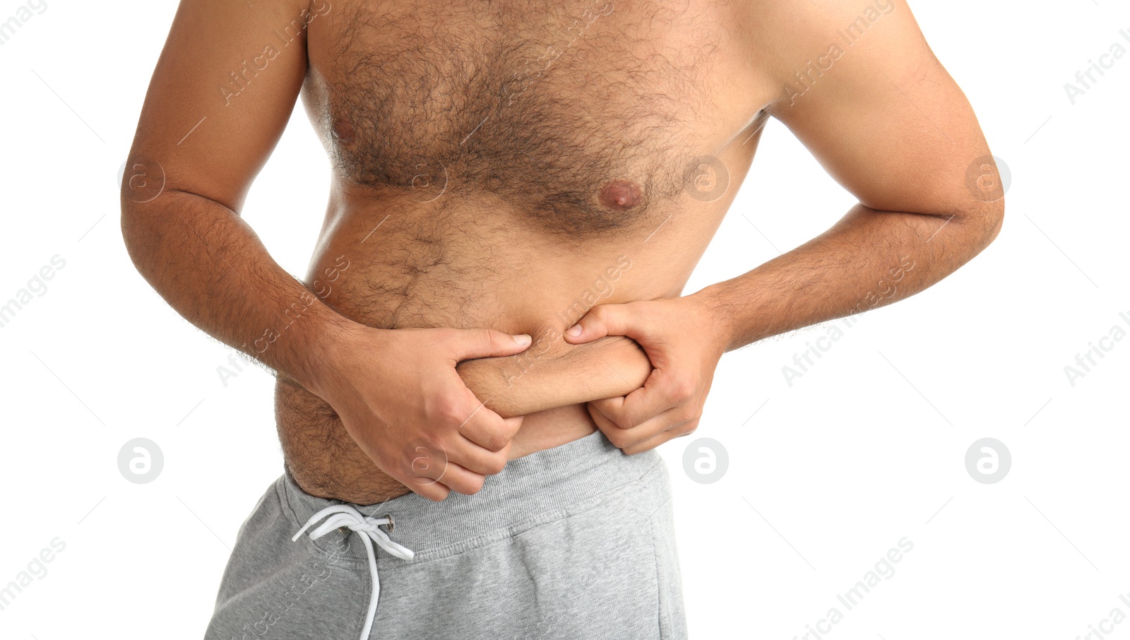 Photo of Overweight man on white background, closeup view