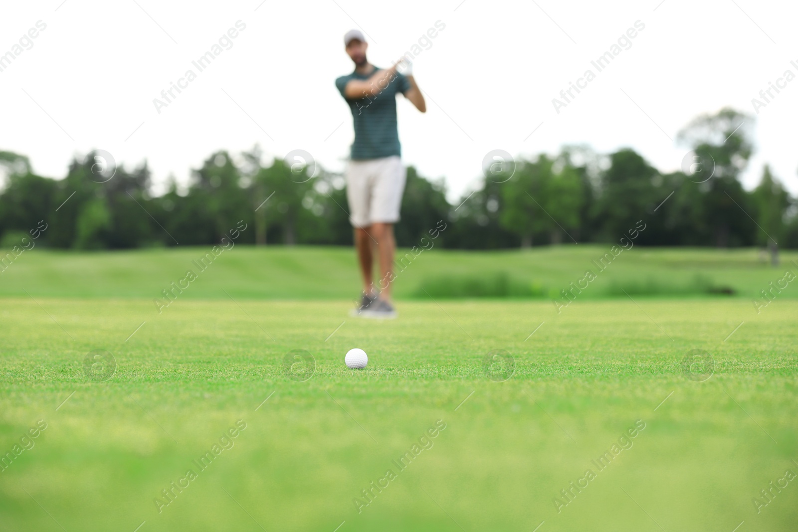 Photo of Man playing golf on green course, ball in focus. Sport and leisure