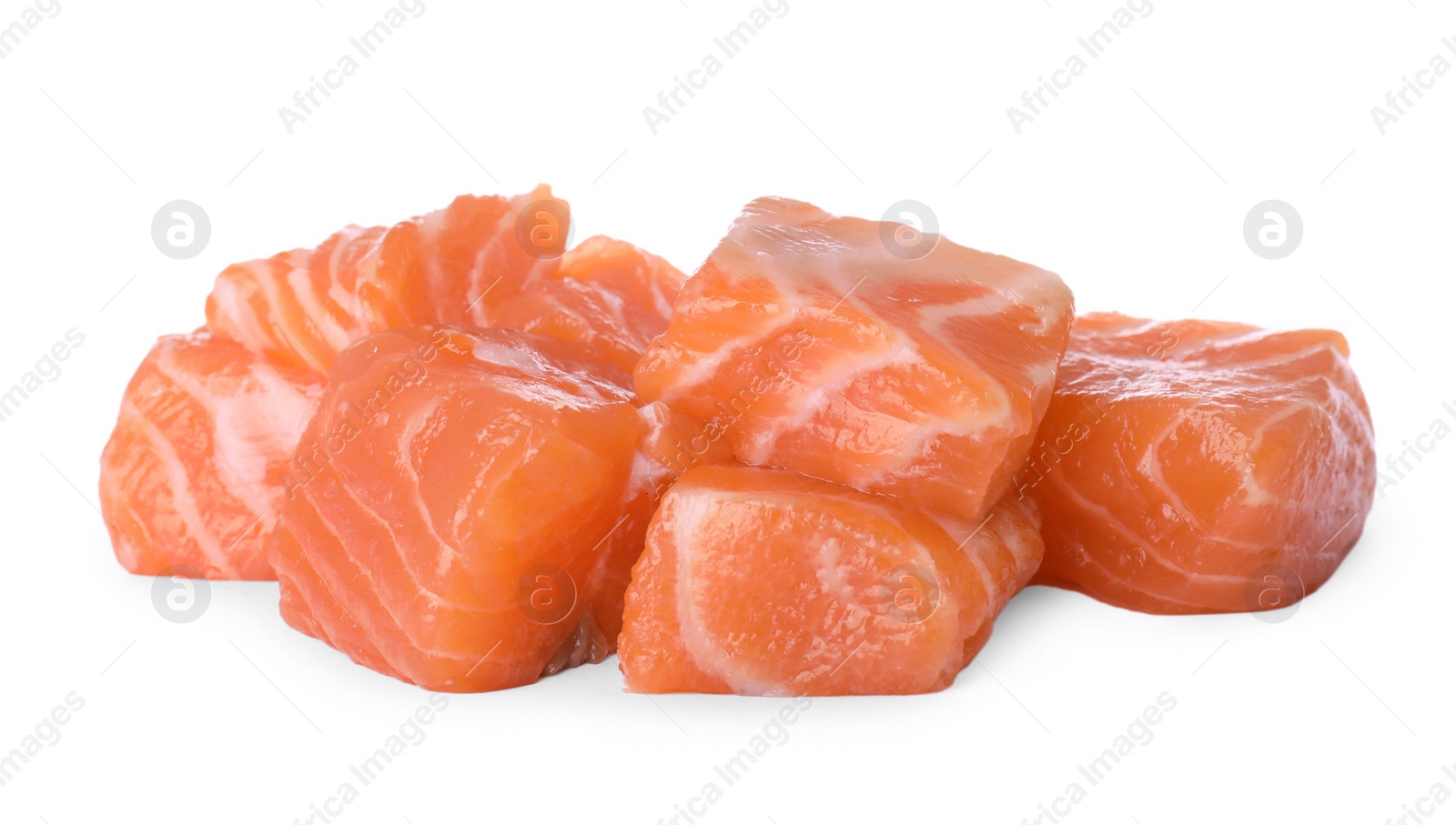 Photo of Pieces of fresh raw salmon on white background