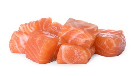 Photo of Pieces of fresh raw salmon on white background