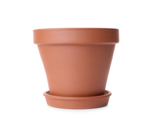 Photo of Stylish terracotta flower pot with saucer isolated on white