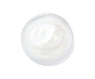 Delicious sour cream in bowl on white background, top view