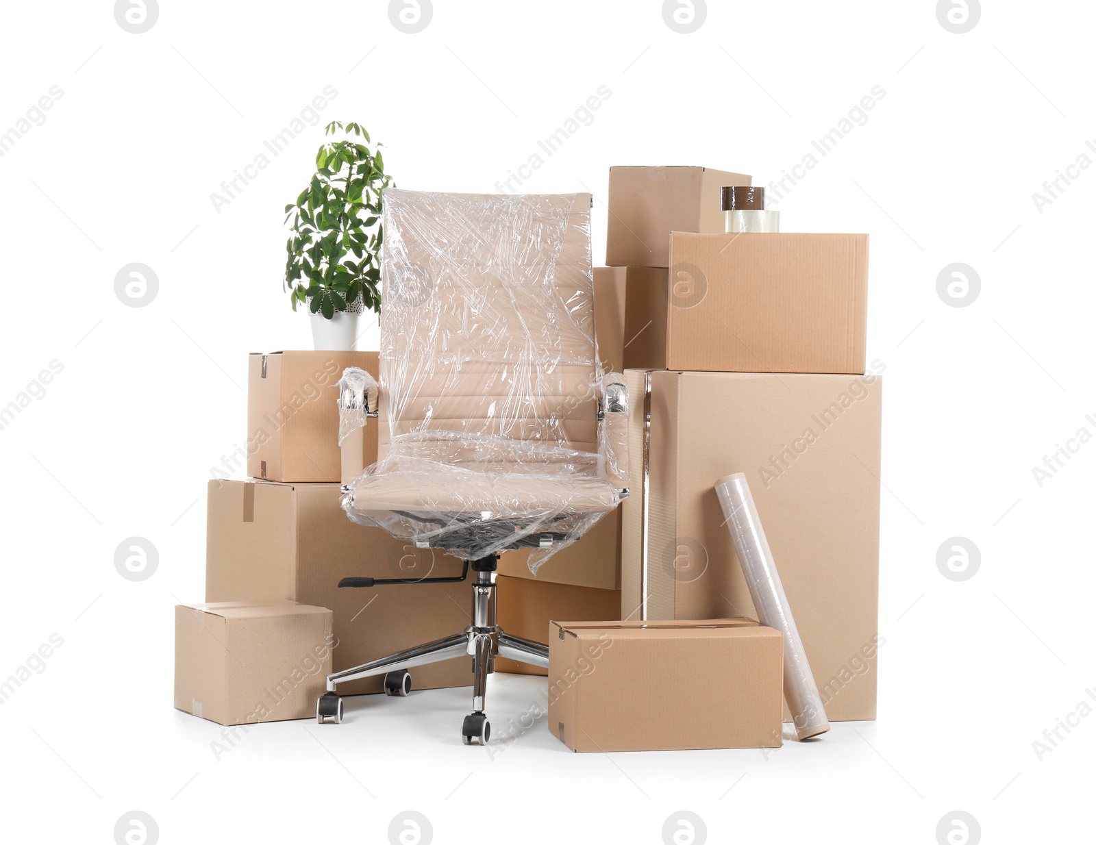 Photo of Cardboard boxes and household stuff on white background. Moving day