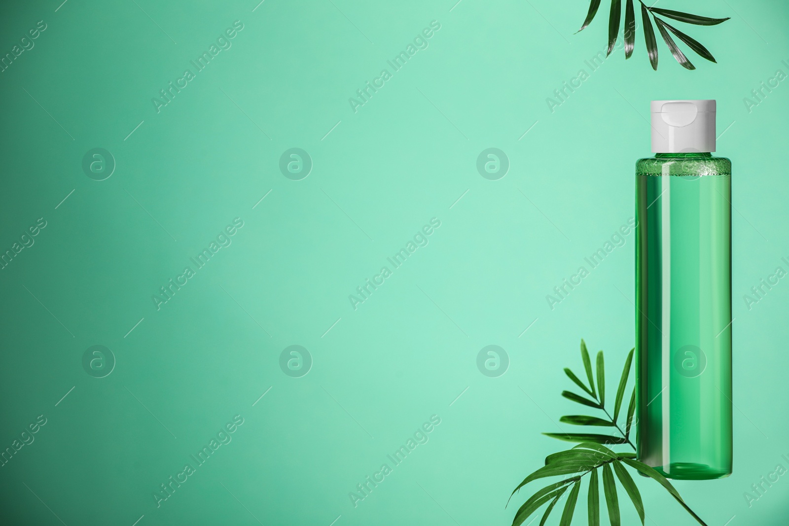 Photo of Stylish presentation of bottle with micellar water on green background. Space for text