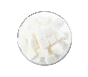 Photo of Bowl of sugar cubes isolated on white, top view