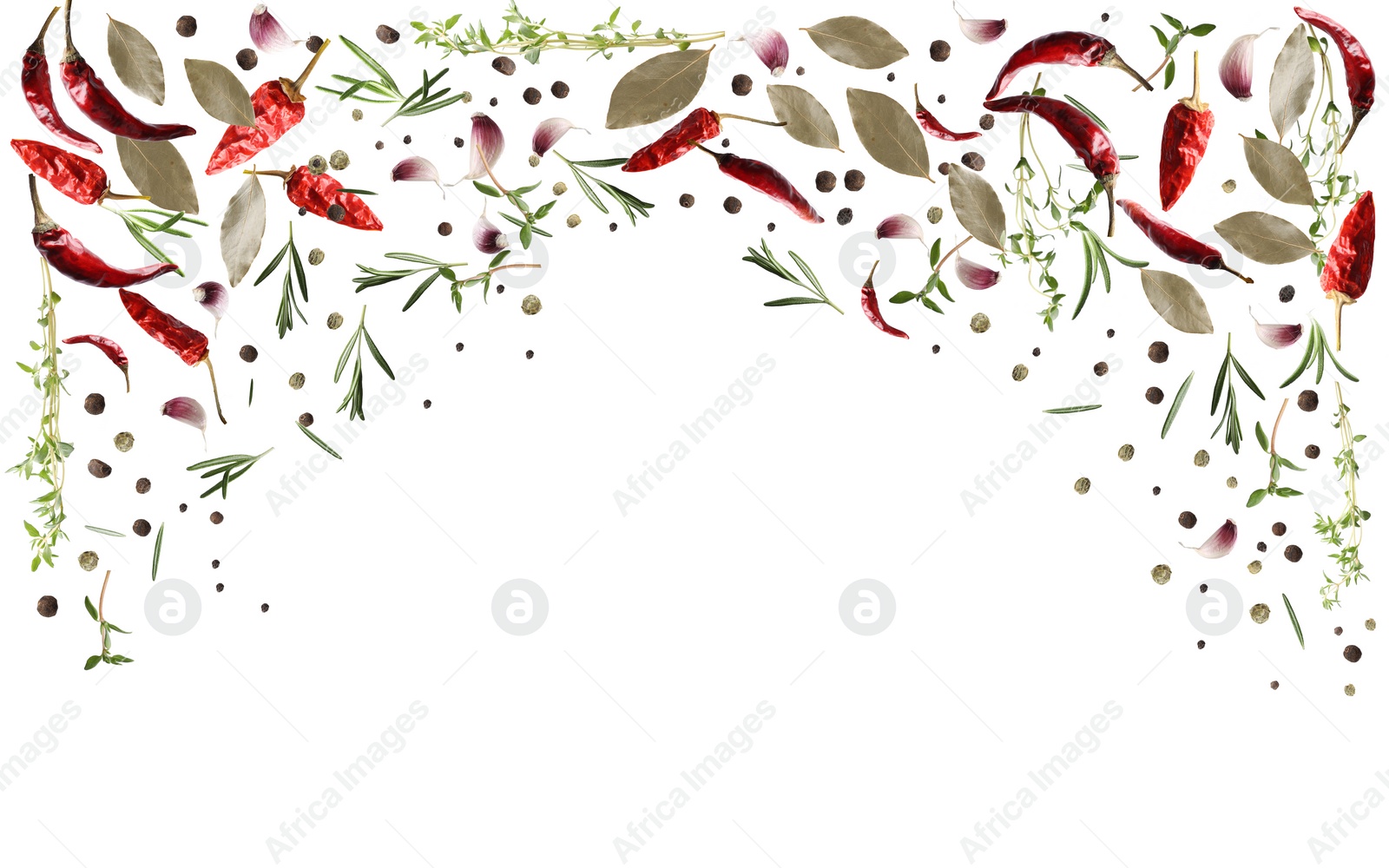 Image of Many different spices flying on white background