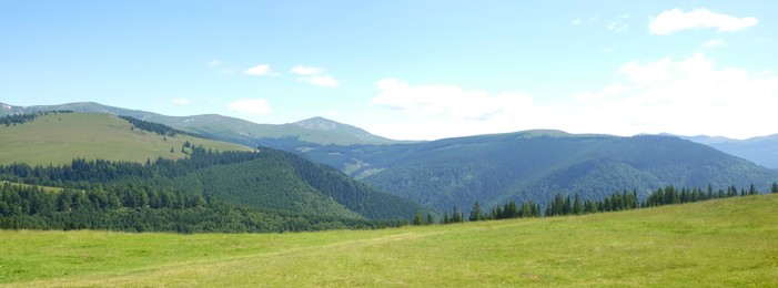 Image of Picturesque mountains on sunny day, banner design