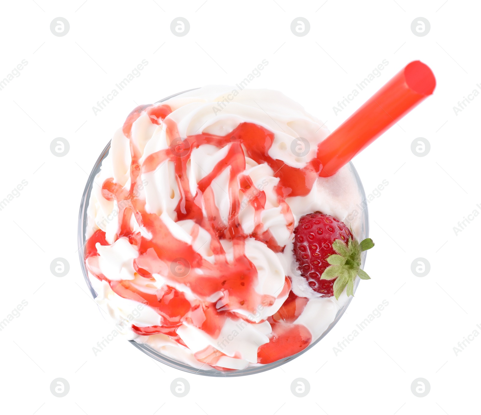 Photo of Tasty fresh milk shake in glass on white background, top view