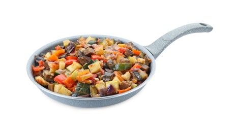 Photo of Delicious ratatouille in frying pan isolated on white