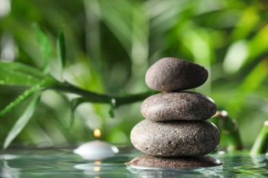 Photo of Stacked stones and burning candle with bamboo stem on water surface against blurred green leaves, closeup