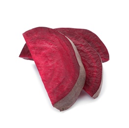 Photo of Cut beet on white background. Taproot vegetable