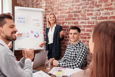 Businesswoman having meeting with her employees in office. Lady boss