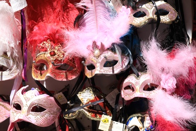 VENICE, ITALY - JUNE 13, 2019: Different Venetian carnival masks in souvenir shop