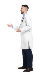 Photo of Doctor in coat with stethoscope on white background