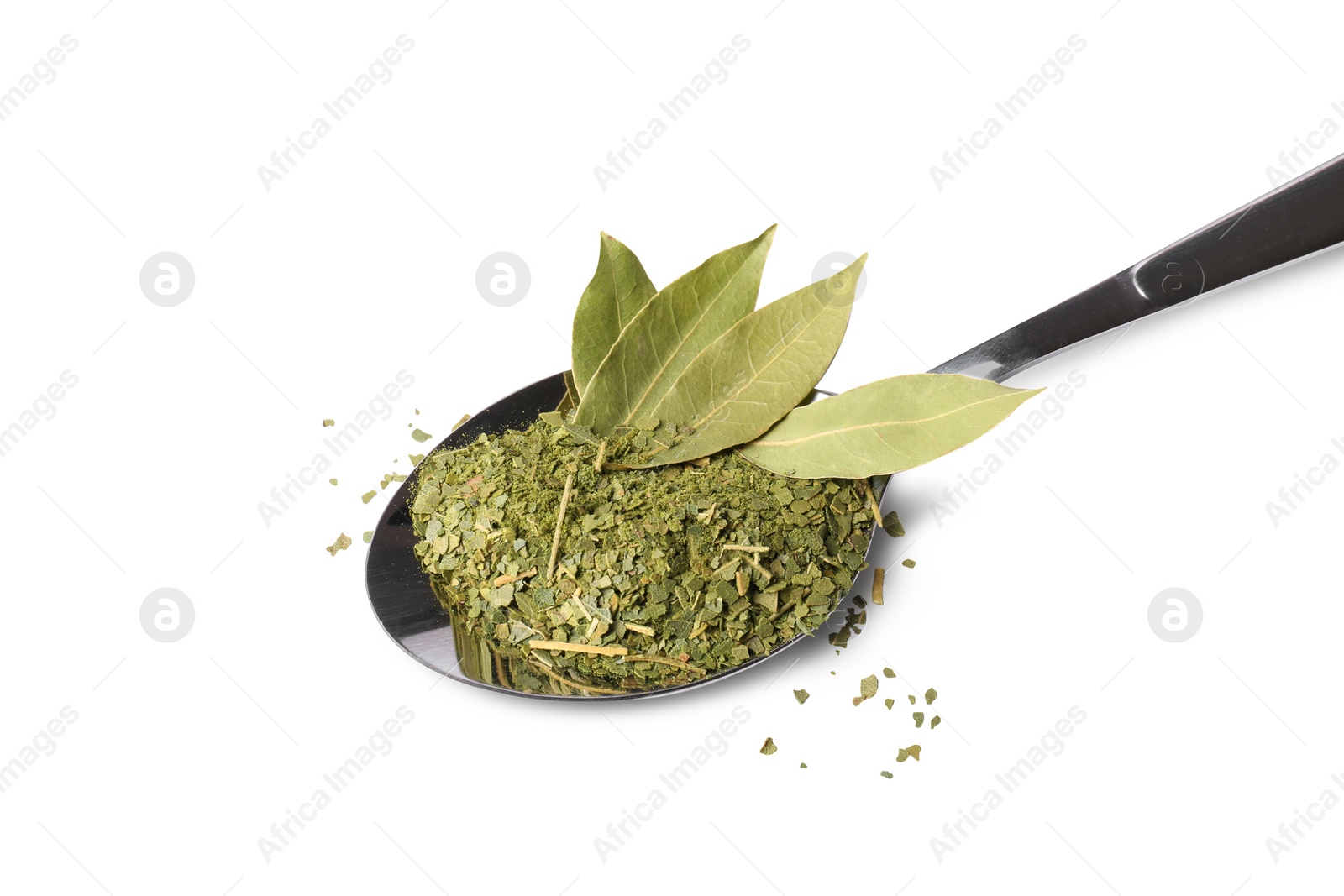 Photo of Spoon with whole and ground bay leaves on white background