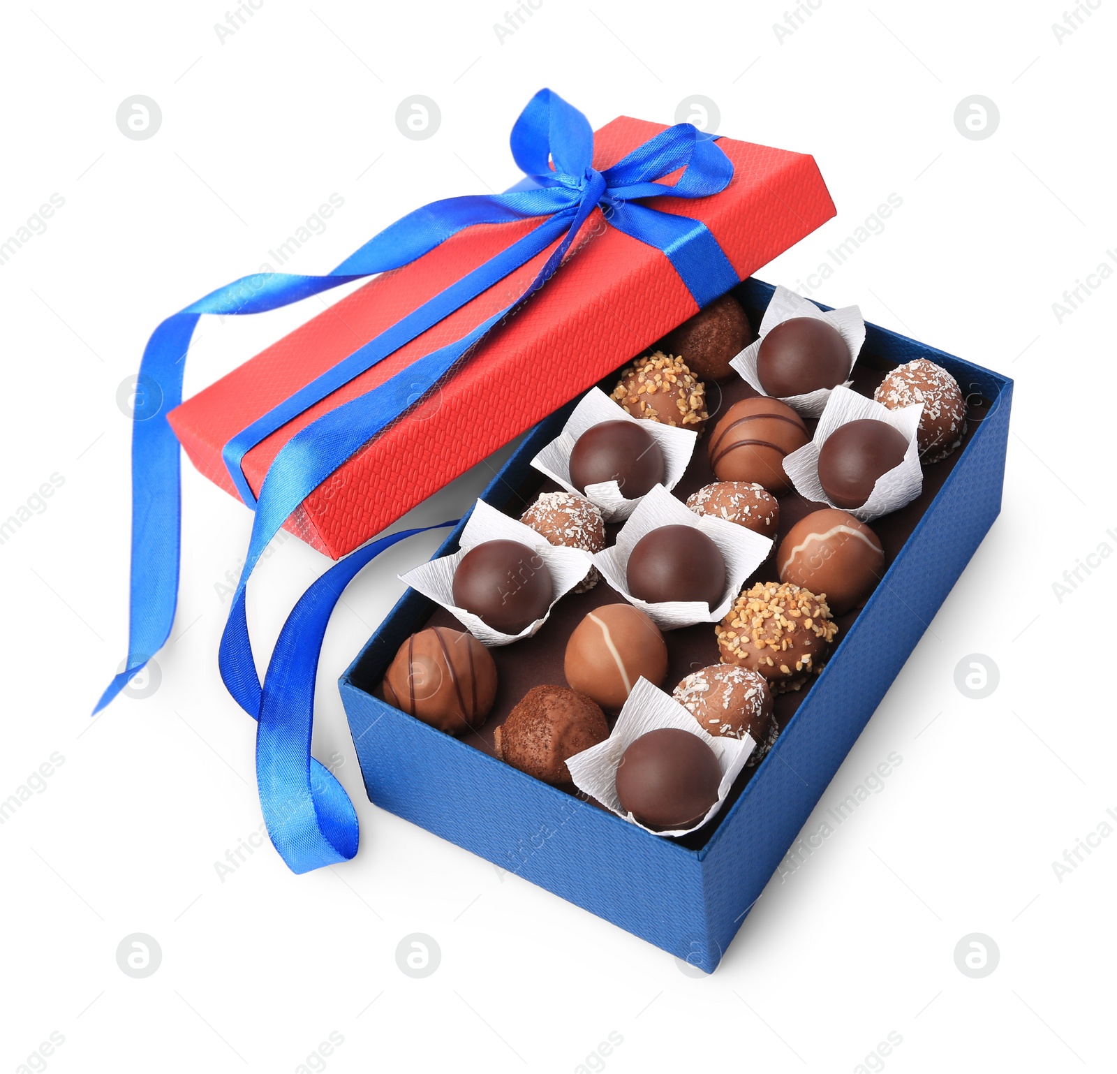 Photo of Box with delicious chocolate candies isolated on white