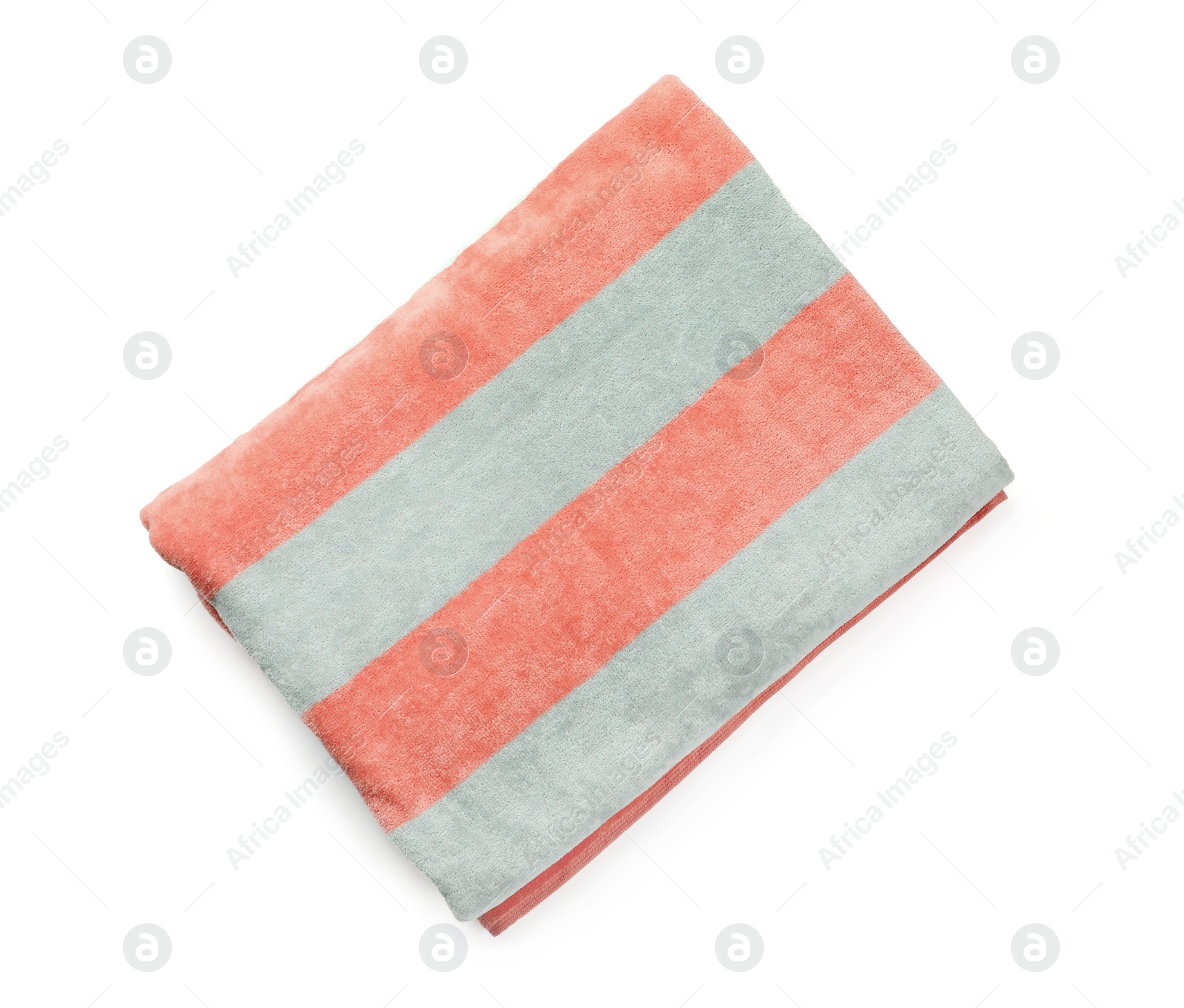 Photo of Folded striped beach towel isolated on white, top view