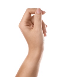 Photo of Woman holding something on white background, closeup of hand